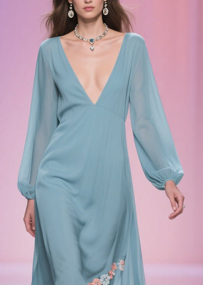 Blue Asymmetrical Chiffon Long Dress Spring