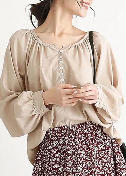 Apricot O Neck Wrinkled Button Cotton Blouse Top Lantern Sleeve