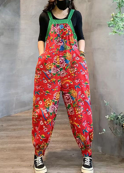 Red High Waist Patchwork Cotton Jumpsuits Pockets Fall