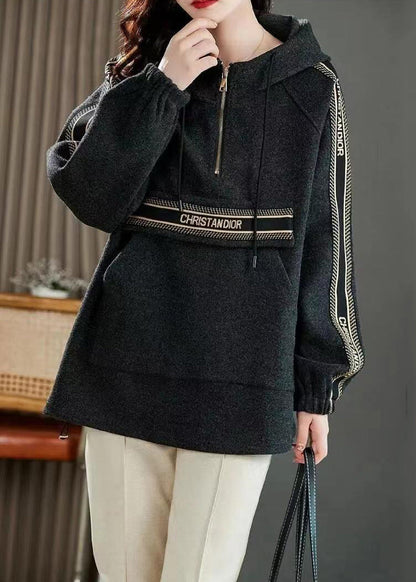 Dark Grey Drawstring Patchwork Cotton Sweatshirt Zip Up Fall