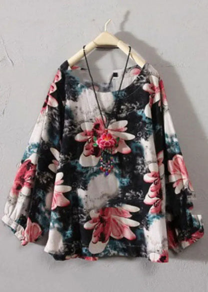 Red O-neck Print Cotton Top Long Sleeve