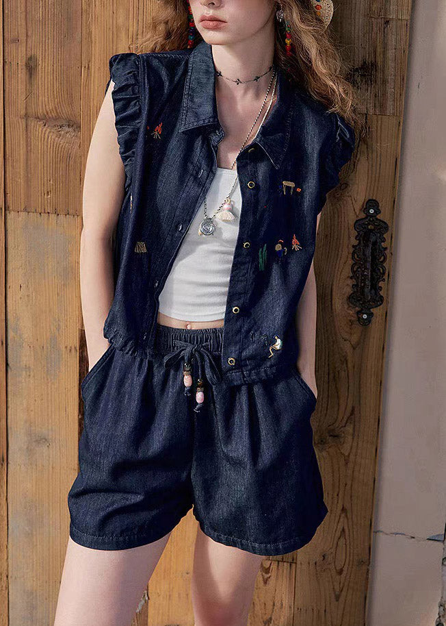 Boutique Dark Blue Peter Pan Collar Denim Shirt and Shorts Two Pieces Set Short Sleeve