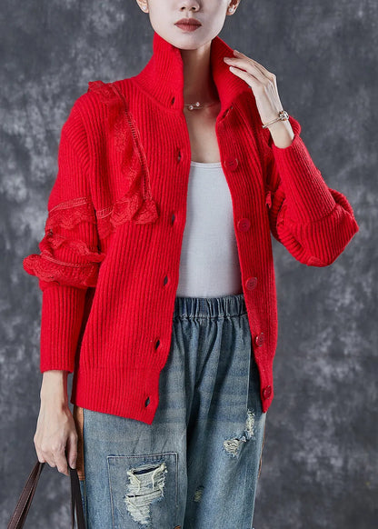 Red Peter Pan Collar Lace Patchwork Knit Coats Winter