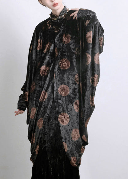 Black Asymmetrical Print Silk Velour Shirts Batwing Sleeve