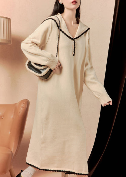 Beige Sailor Collar Button Knit Dress Winter