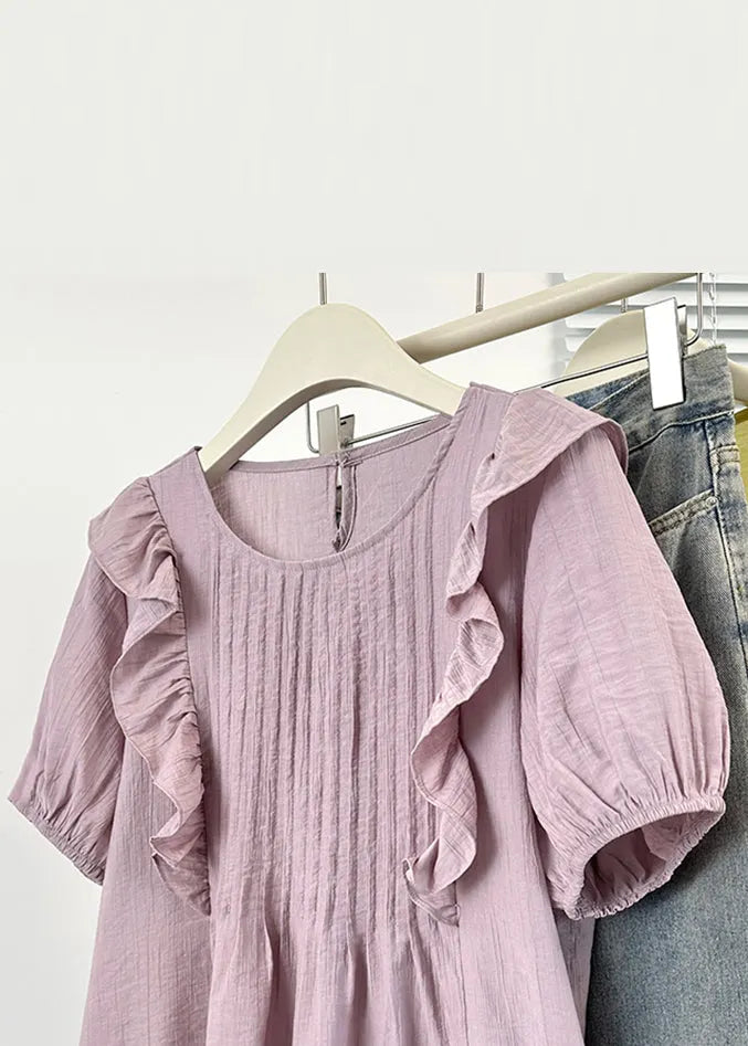 Loose Purple O Neck Wrinkled Cotton Blouse Summer