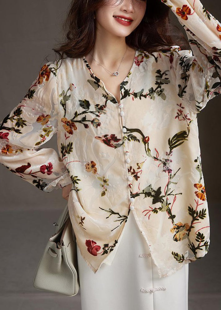 Apricot V Neck Button Print Silk Velour Shirt Spring