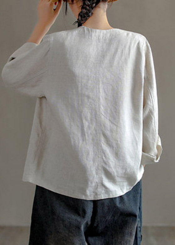 Chocolate V Neck Patchwork Button Linen Shirt Long Sleev