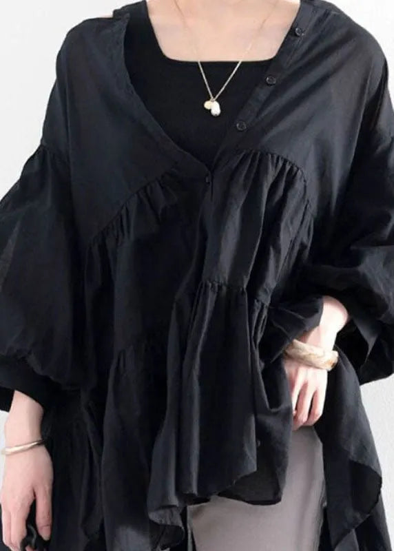 Black O Neck Wrinkled Patchwork Cotton Shirt Top Lantern Sleeve