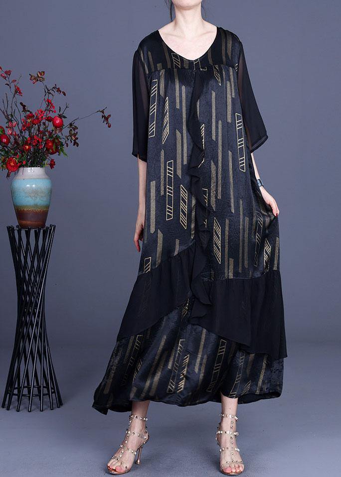 Green Print Retro Ruffles Summer Silk Holiday Dress