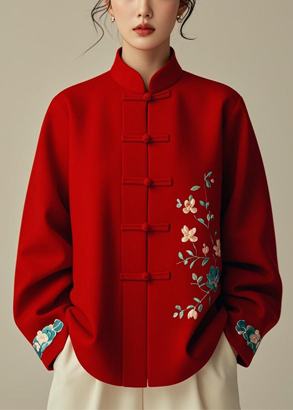Red Stand Collar Print Cotton Coats Spring
