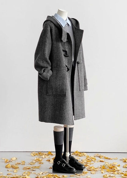 Grey Hooded Pockets Woolen Coats Winter