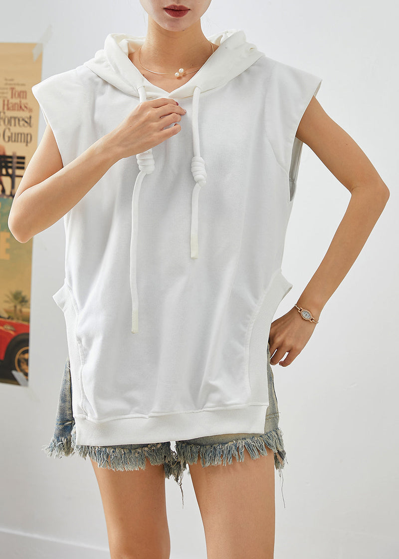 White Hooded Drawstring Side Open Cotton Sweatshirts Top Sleeveless