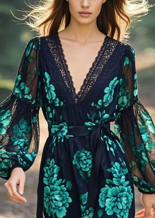 V Neck Print Lace Patchwork Tie Waist Chiffon Dress Spring