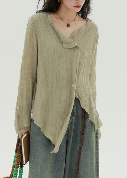 Khaki Button Linen Fall Blouse Asymmetrical