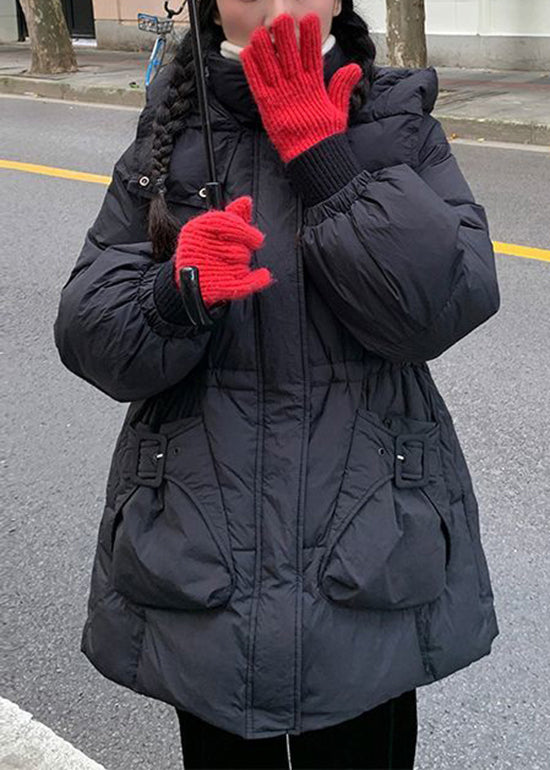 Red Zip Up Drawstring Pockets Duck Down Hooded Coat Winter