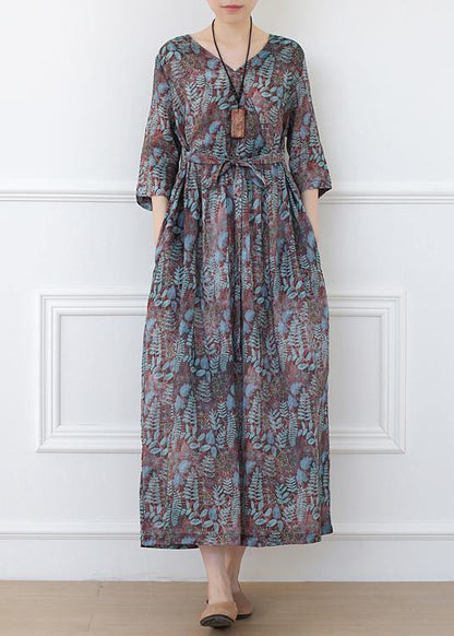 Print Linen Dress V Neck Half Sleeve Spring Dress