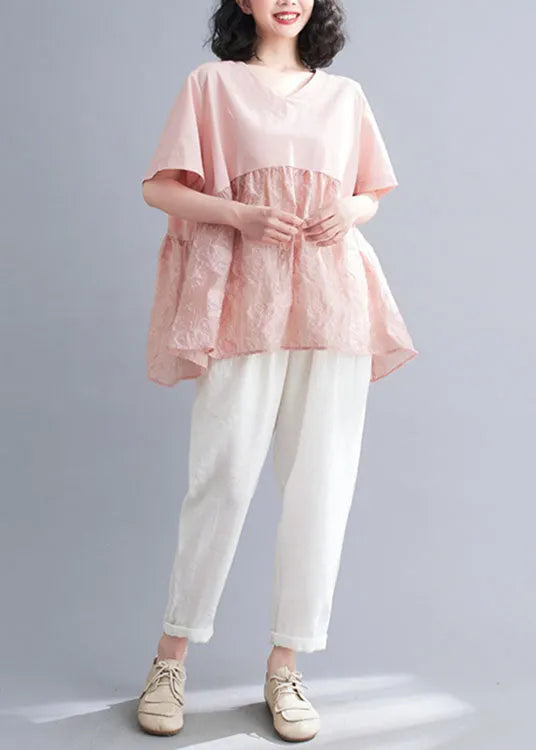 Pink V Neck Patchwork Jacquard Cotton Tank Tops Short Sleeve