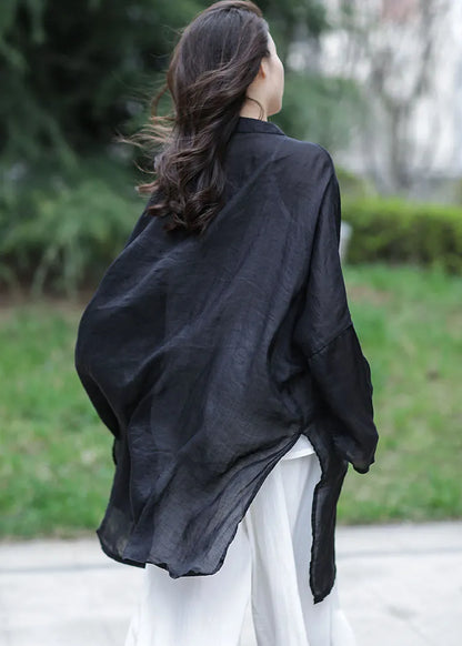 Black Oversized Side Open Linen Upf 50+ Long Shirt Spring