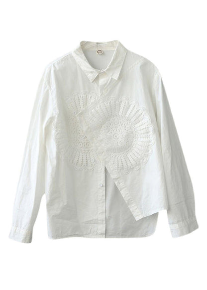 White Asymmetrical Patchwork Lace Blouses Spring