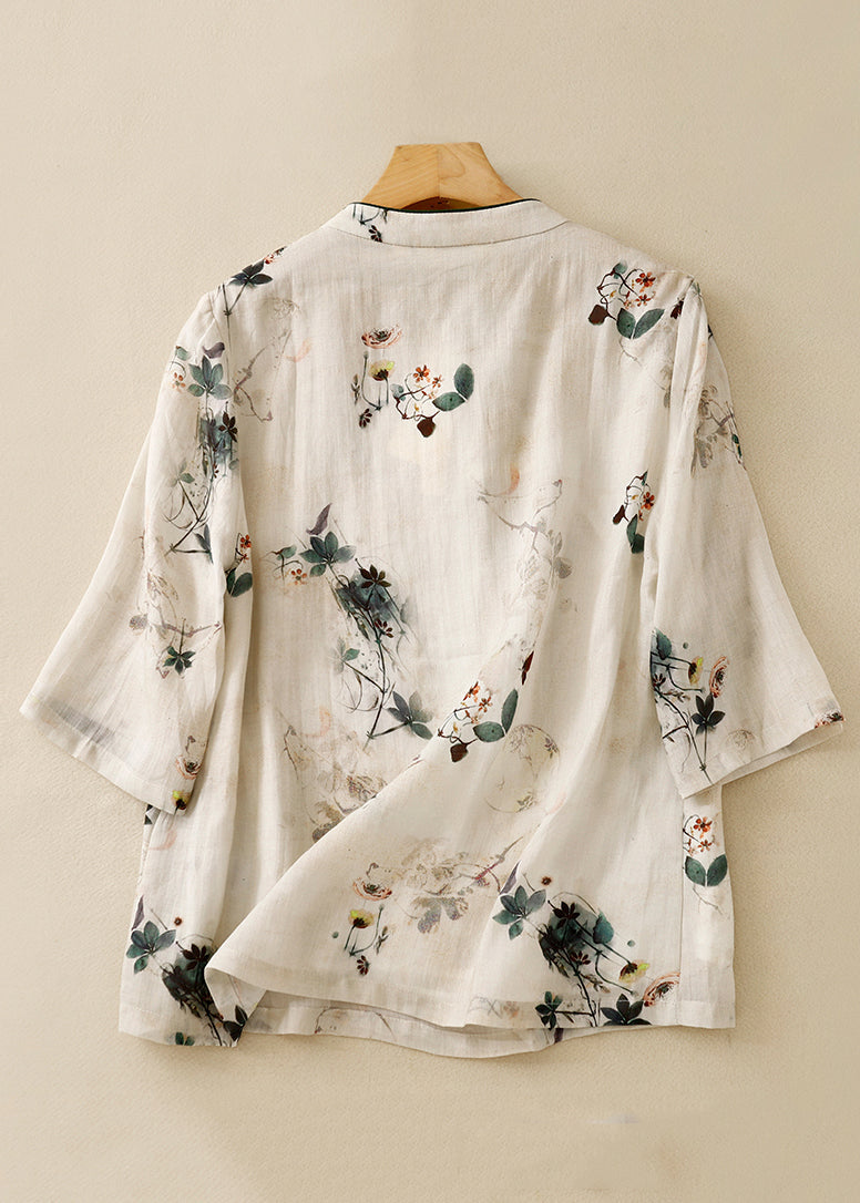 Beige Stand Collar Print Linen Tops Summer