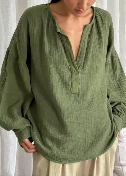 Green Oversized Cotton Fall Shirt V Neck