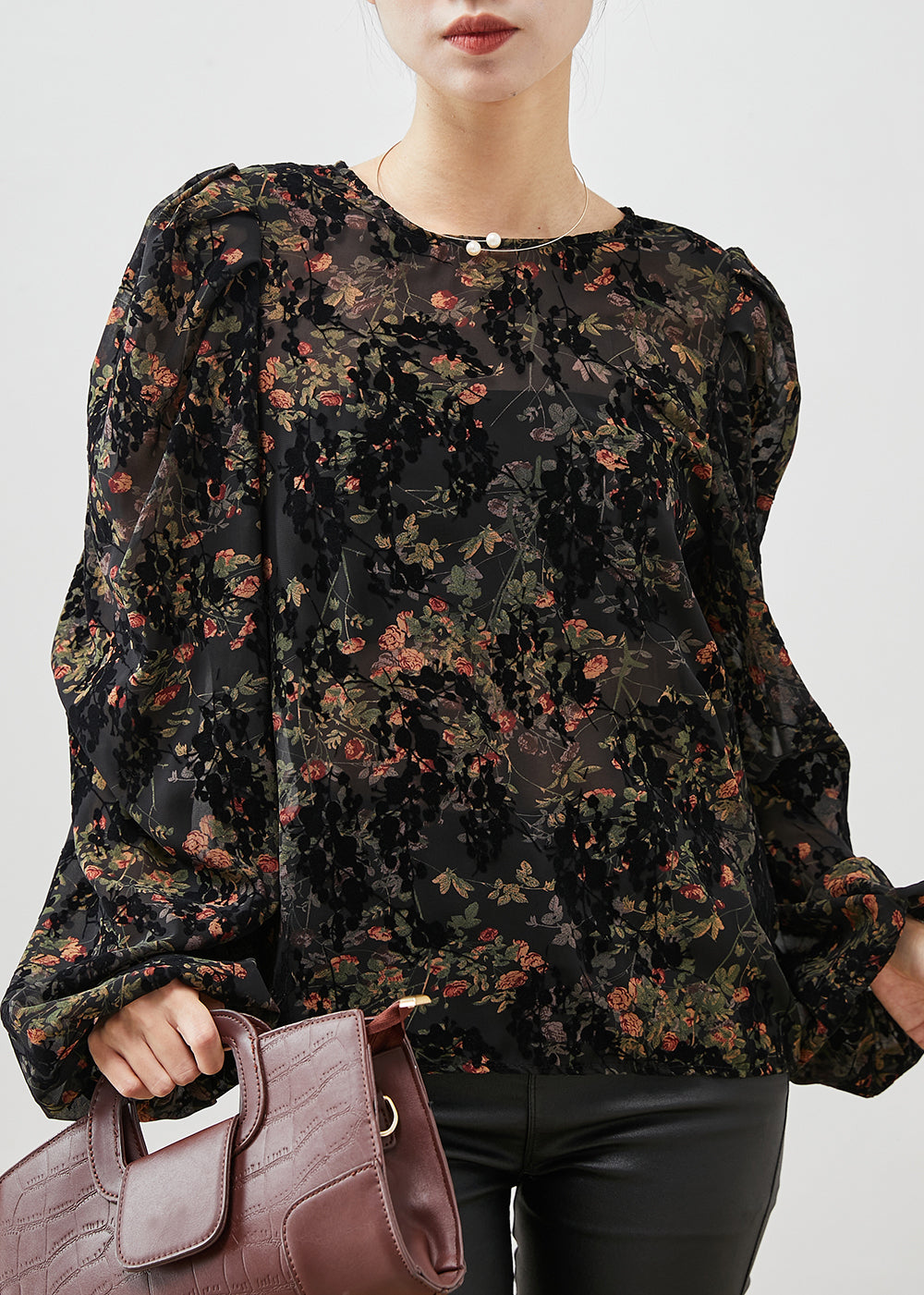 Modern Black Oversized Print Chiffon Top Puff Sleeve