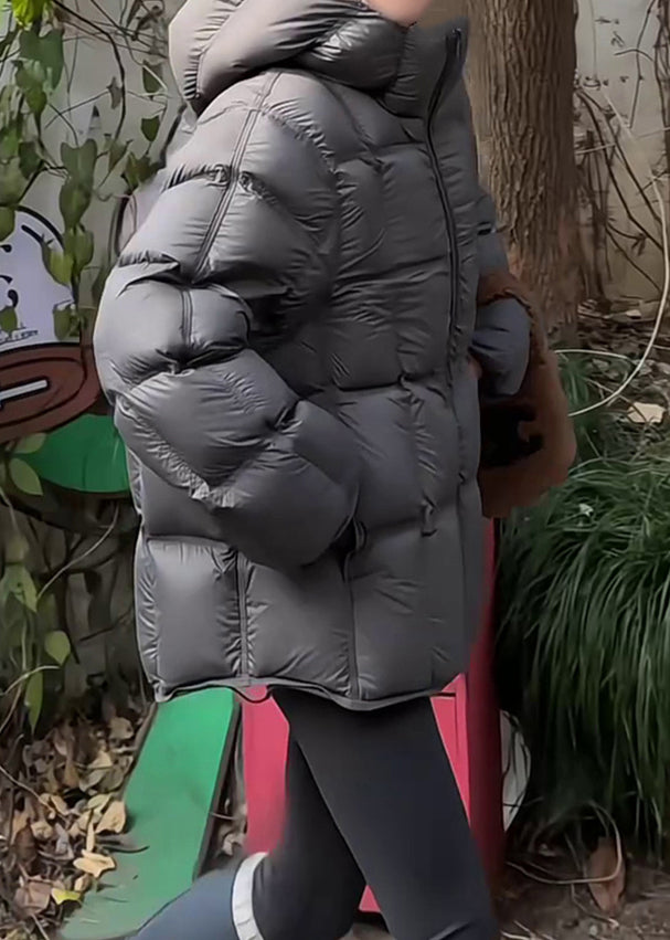 Dark Gray Plaid Drawstring Duck Down Winter Puffer Coat Hooded