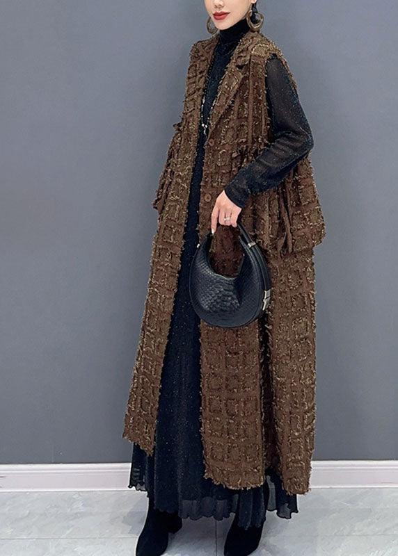 Brown Pockets Patchwork Button Waistcoat Fall