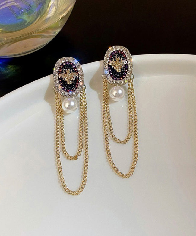 Gold Alloy Pearl Crystal Zircon Tassel Drop Earrings
