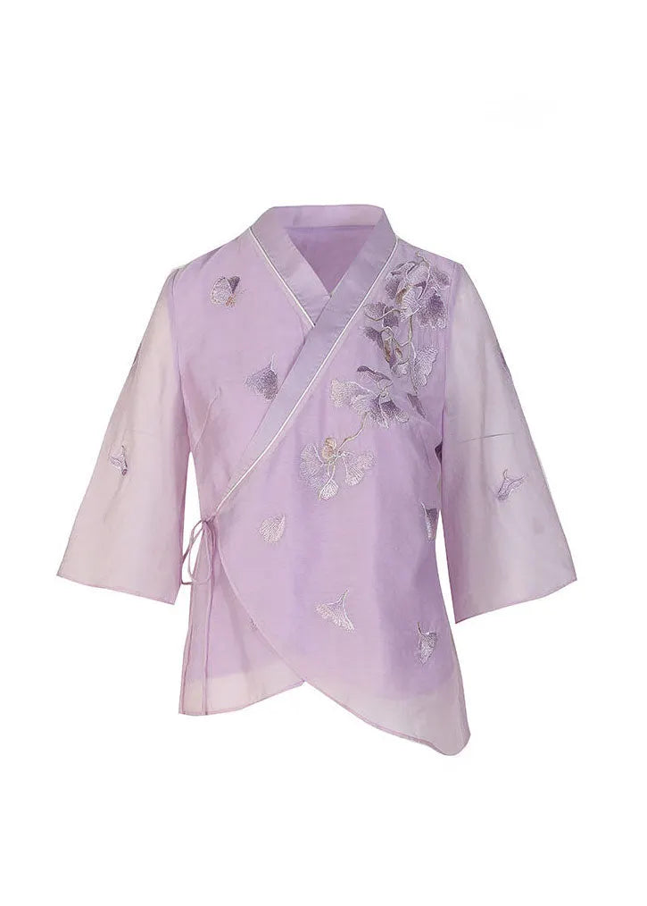 Slim Fit Purple Tie Waist V Neck Silk Tops Spring