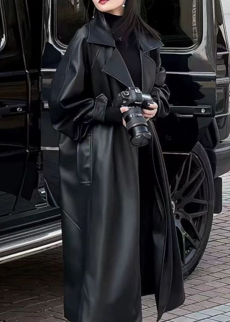 Black Peter Pan Collar Pockets Faux Leather Trench Spring