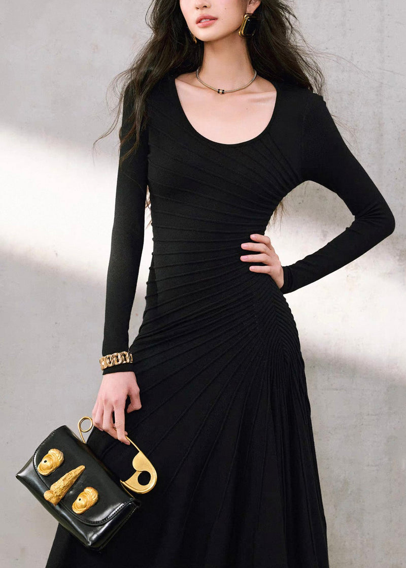 Black Wrinkled Slim Long Fishtail Dress Spring