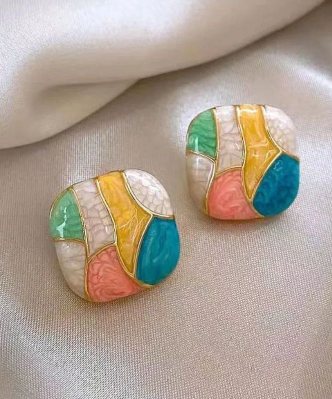 New Alloy Enamel Square Contrast Color Stud Earrings Female Sweet
