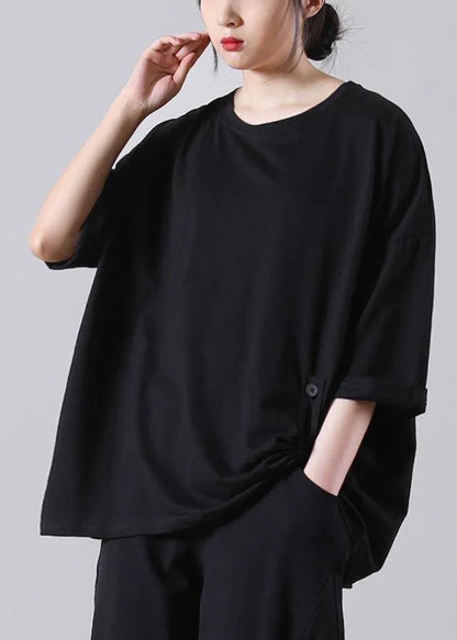 Stylish Black O-neck Cotton Top Summer