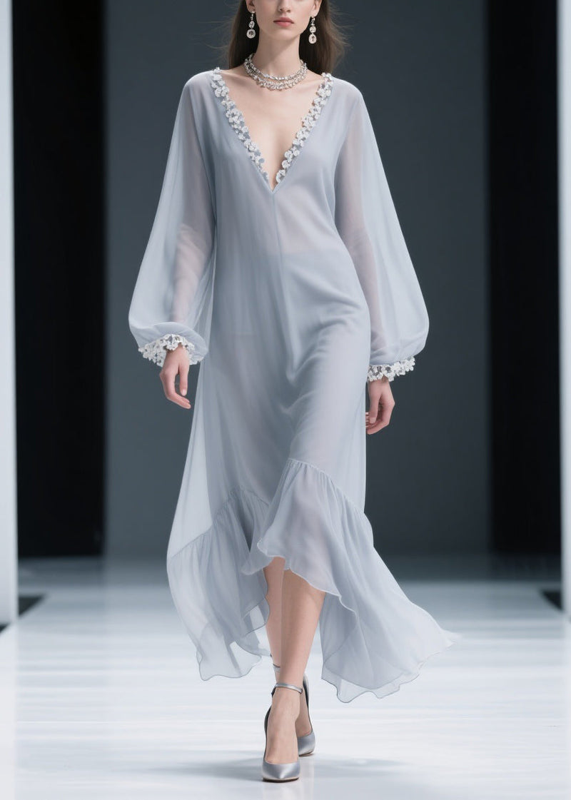 Light Grey Lace Chiffon Maxi Dresses V Neck Spring
