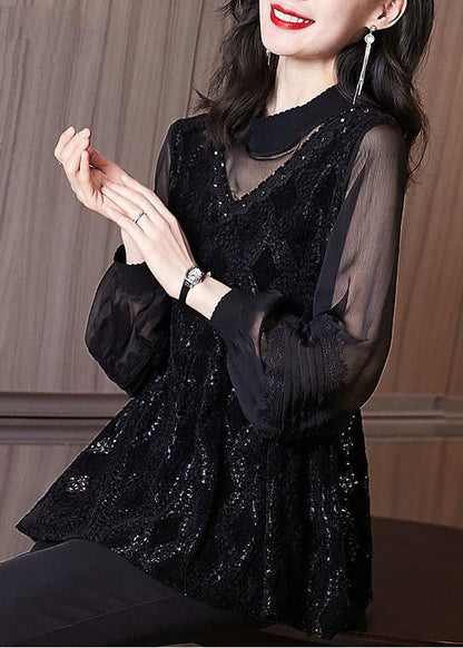 Black Embroideried Hollow Out Patchwork Lace Top Lantern Sleeve