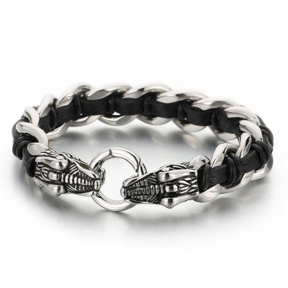Buddha Stones Dragon Leather Titanium Steel Protection Luck Braided Bracelet