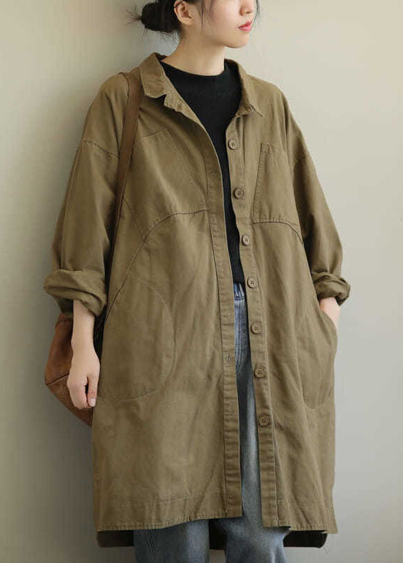 Khaki Peter Pan Collar Pockets Patchwork Cotton Coat Long Sleeve