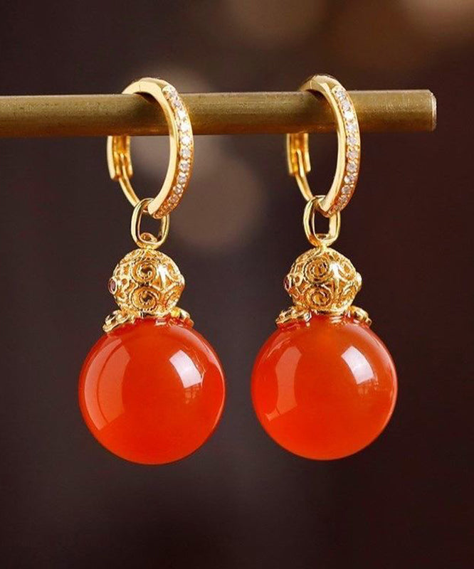 Art Red 18k Gold Inlaid Agate Drop Earrings
