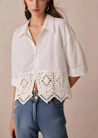Style White Peter Pan Collar Patchwork Lace Tops Half Sleeve