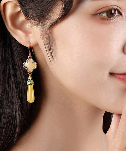 Diy Yellow Copper Jade Coloured Glaze Cloisonne Clover Drop Earrings