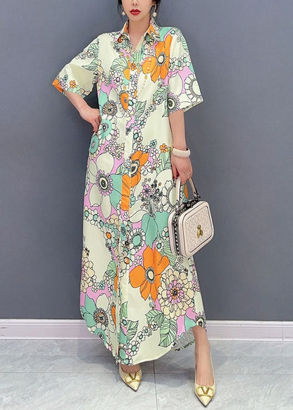 Yellow Patchwork Long Cotton Dresses Peter Pan Collar Summer