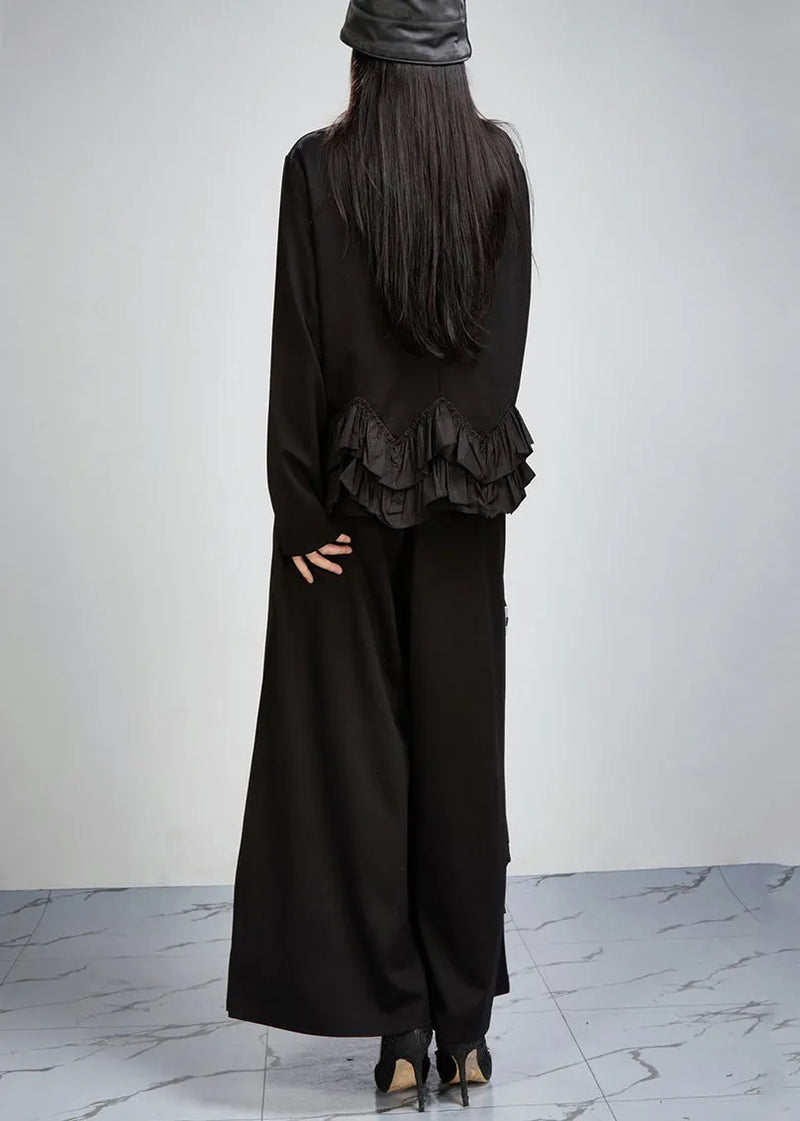 French Black Ruffled Patchwork Tops and Wide Leg Pants Cotton Two Pieces Set Fall