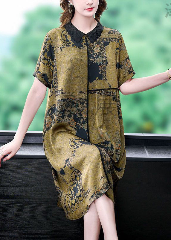 Green Peter Pan Collar Print Silk Dress Summer