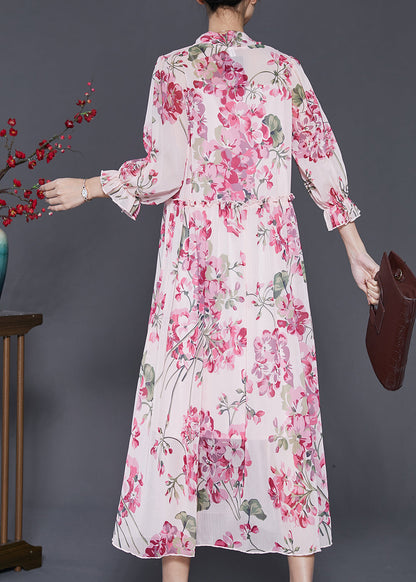 Pink Ruffled Print Chiffon Dress Spring