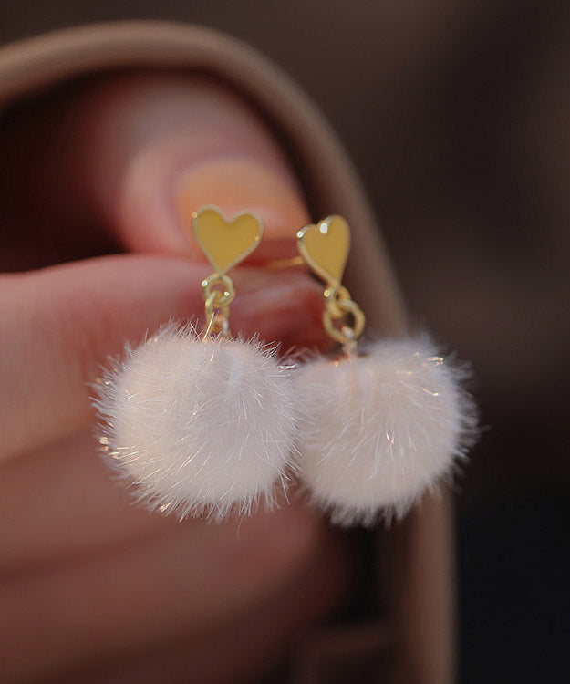 White Sterling Silver Olil Drip Love Hairball Drop Earrings