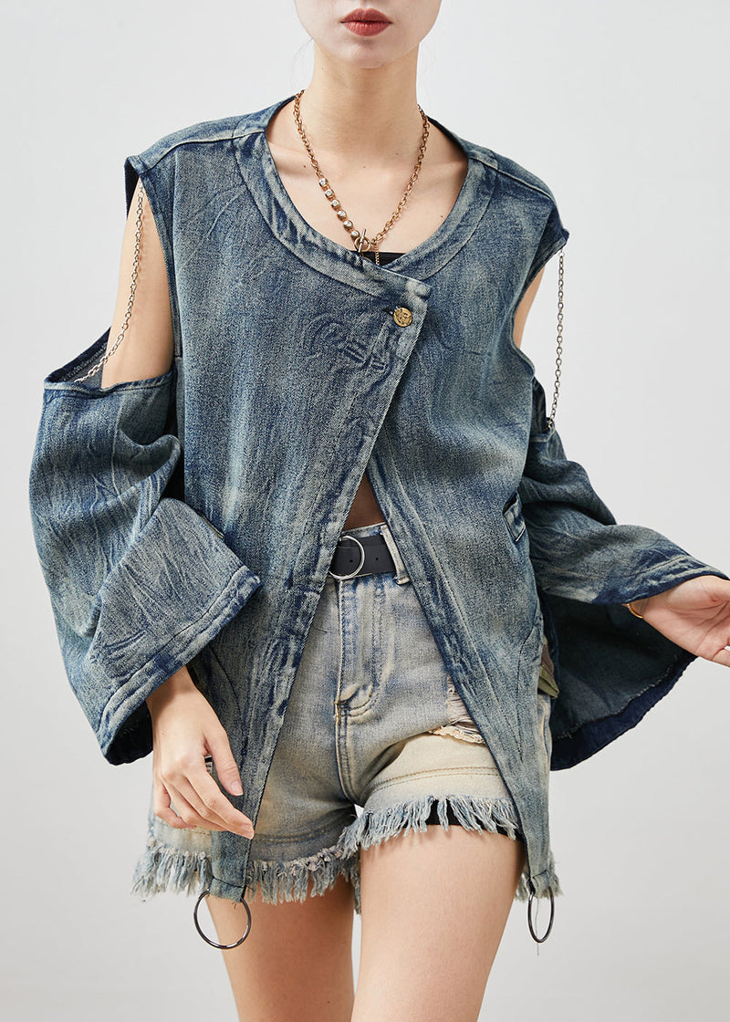Navy Asymmetrical Cold Shoulder Denim Jacket Spring