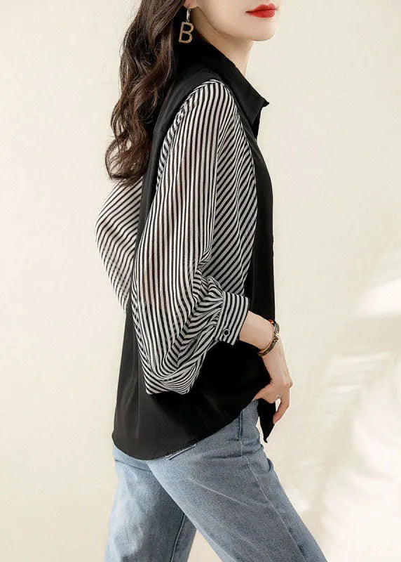 Modern Black Button Peter Pan Collar Striped Patchwork Shirt Top Long Sleeve