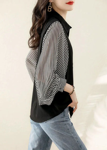 Modern Black Button Peter Pan Collar Striped Patchwork Shirt Top Long Sleeve